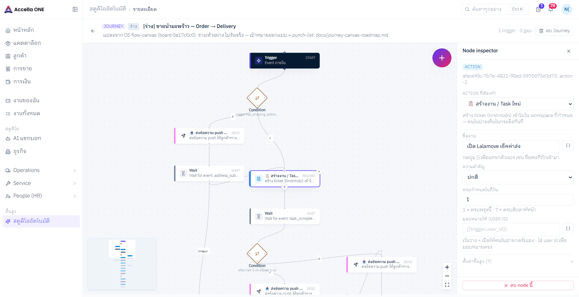 Automation Studio ของ Accella ONE — journey canvas พร้อม node inspector
